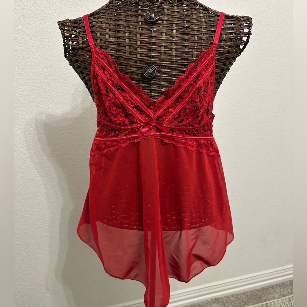 iCollection Red Lace Mesh Babydoll Chemise
